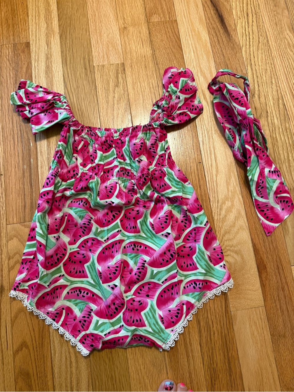 Watermelon Print Girls Romper with Headband - Pink & Green